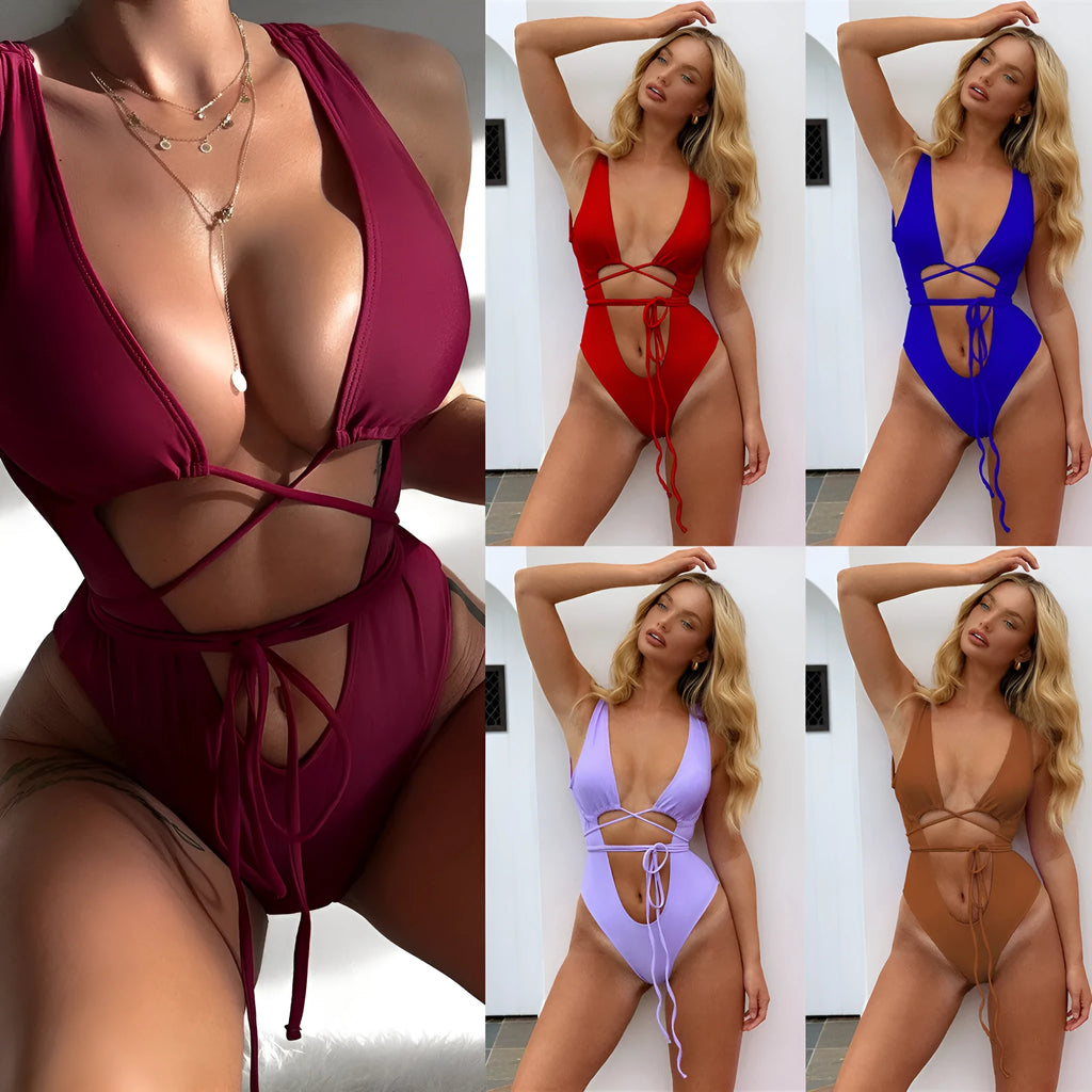 Brown women's one-piece swimsuit with hollow out straps on a mannequin.