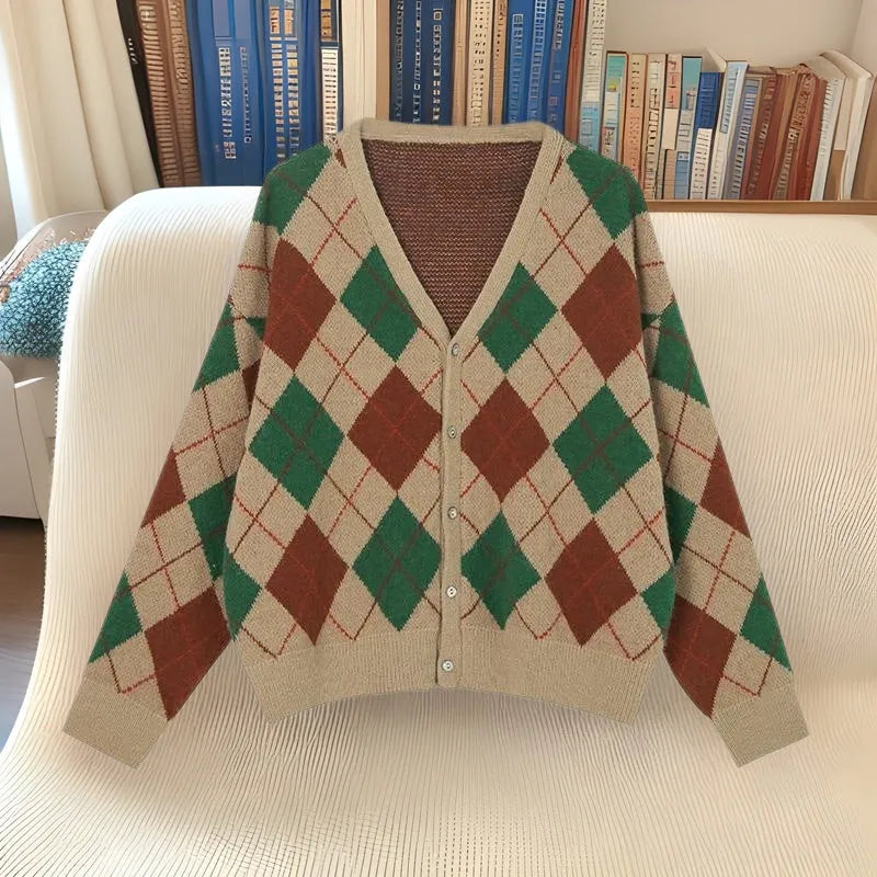 Knitted casual cardigan in acrylic fabric showing pink, green, black, and khaki colour options