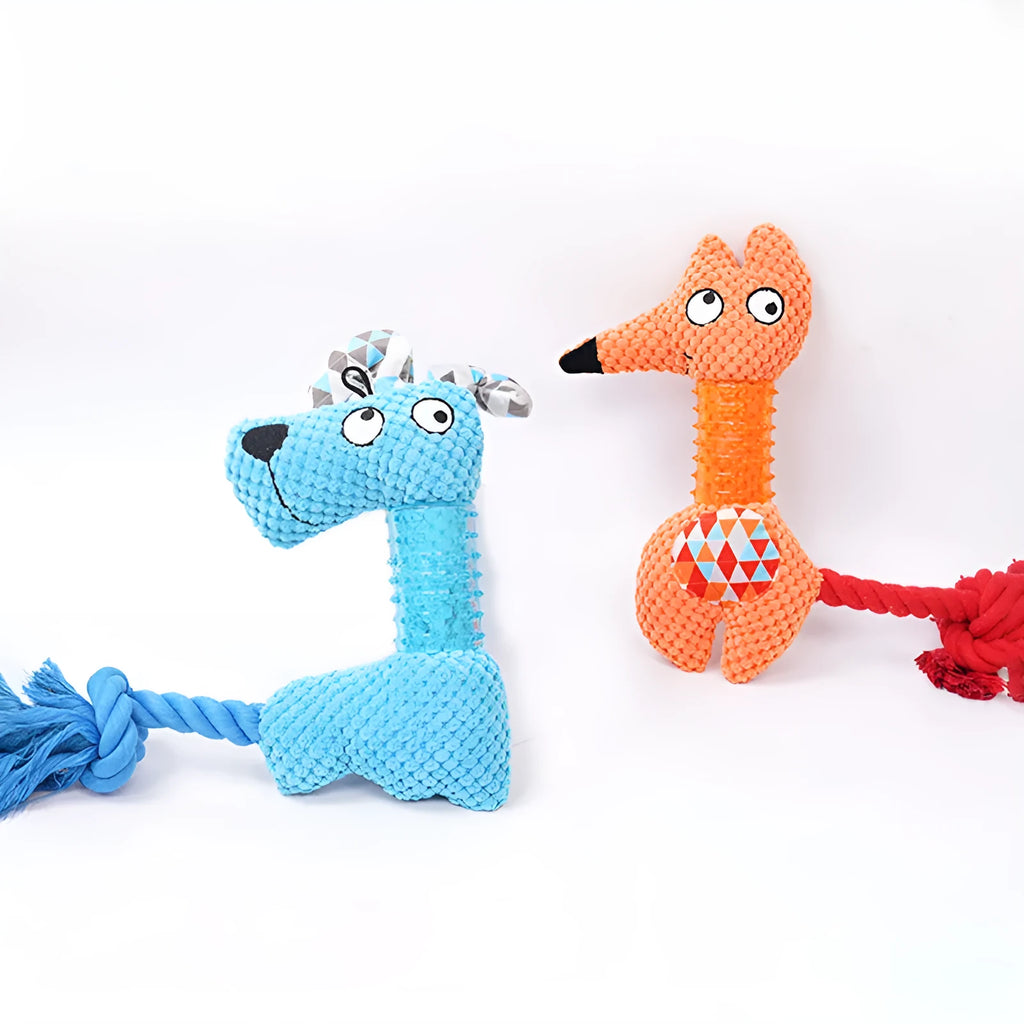 Corn Kernel TPR dog toy with squeaker and cotton rope tail in Blue, Fox size