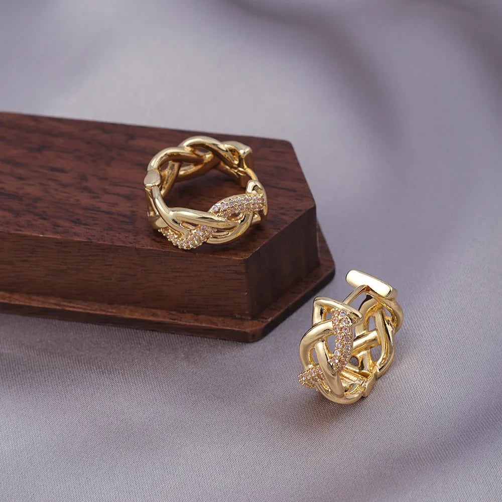 Micro zircon stud earrings with woven twisted gold design real gold plating on copper geometric shape