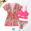 Girls' floral print bikini swimsuit with split overlay design in picture colour