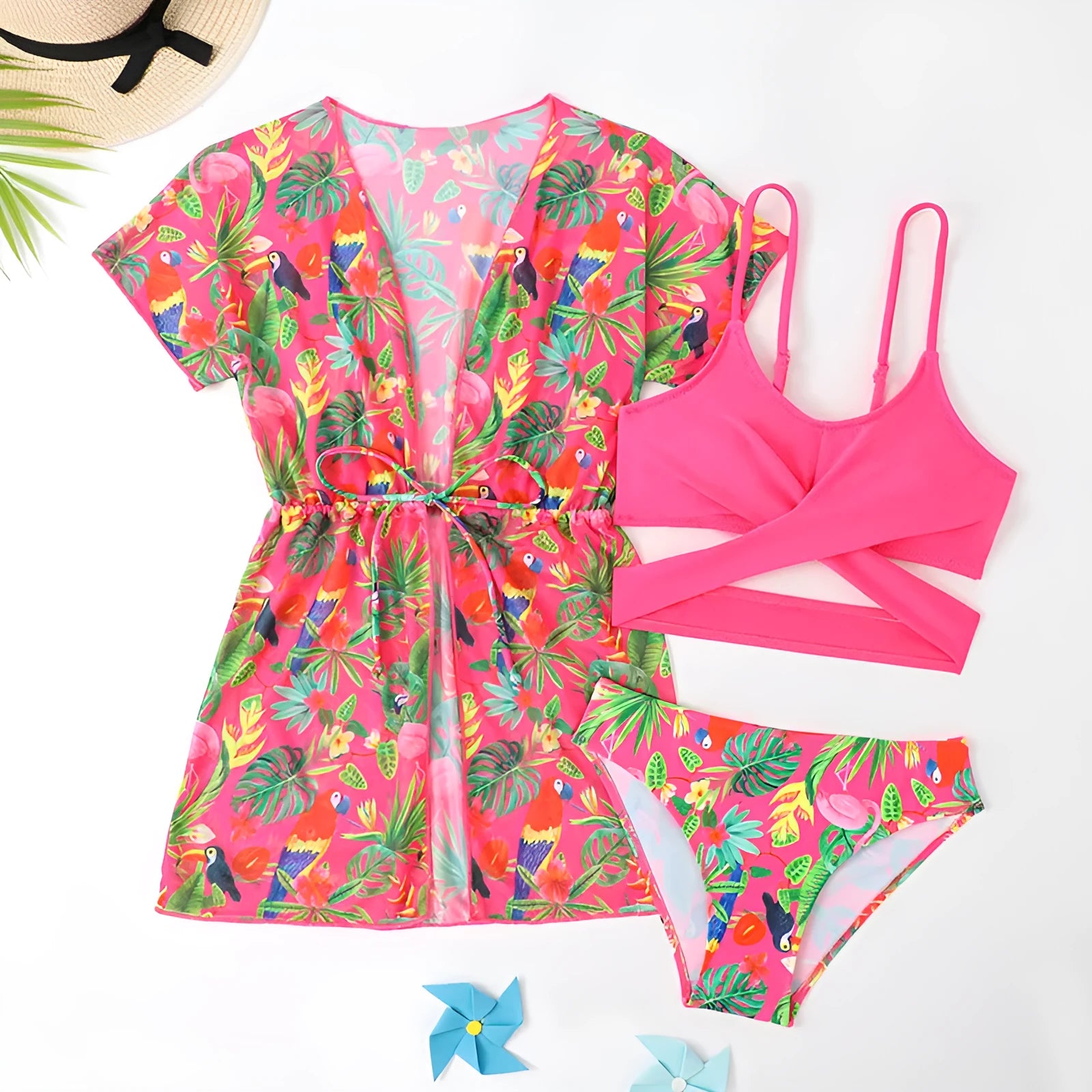 Girls' floral print bikini swimsuit with split overlay design in picture colour