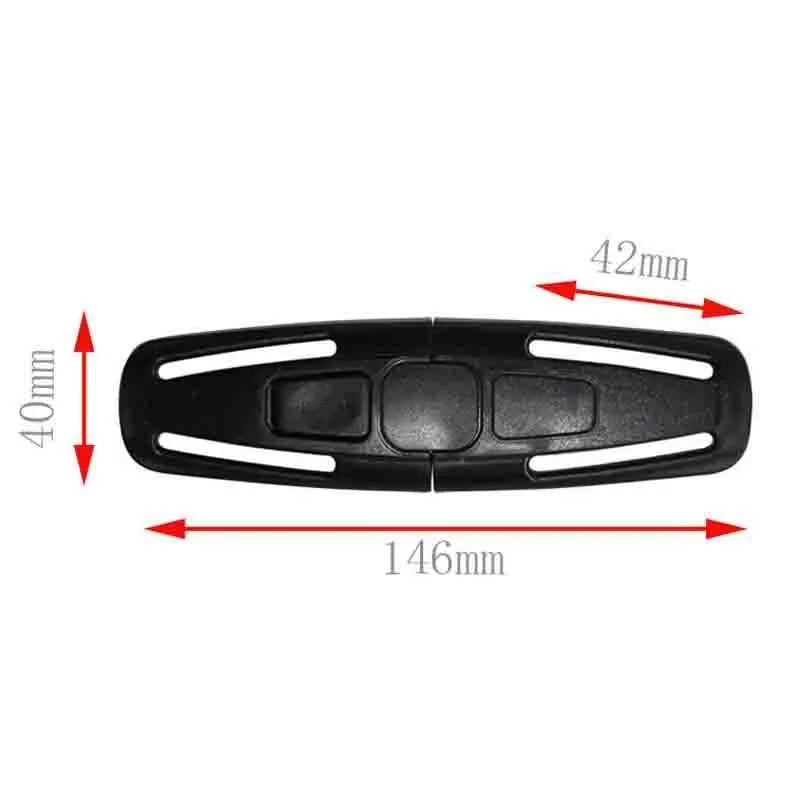 Black nylon child safety seat 5-point harness buckle lock clip measuring 14.5cm by 4cm