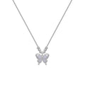 Silver necklace with a square opal butterfly pendant on a cross chain, shown against a white background.