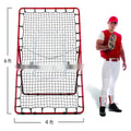 Red 4x6FT portable baseball training net with adjustable metal frame set up on grass.