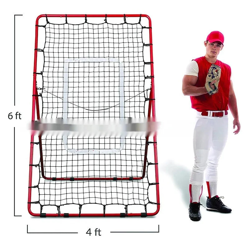 Red 4x6FT portable baseball training net with adjustable metal frame set up on grass.