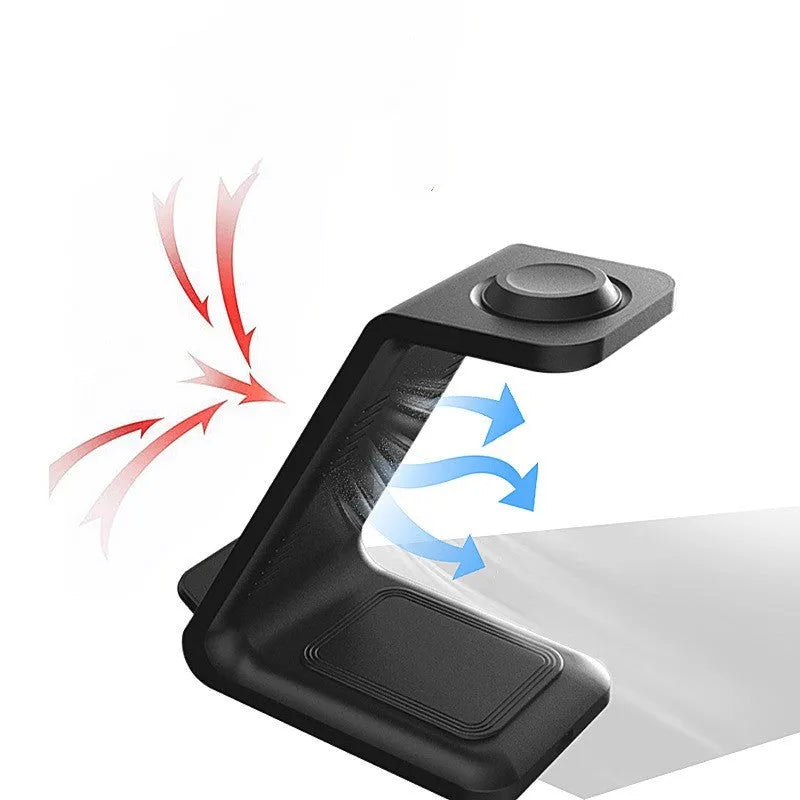 White 3-in-1 upright wireless charging stand holding a mobile phone at an angle