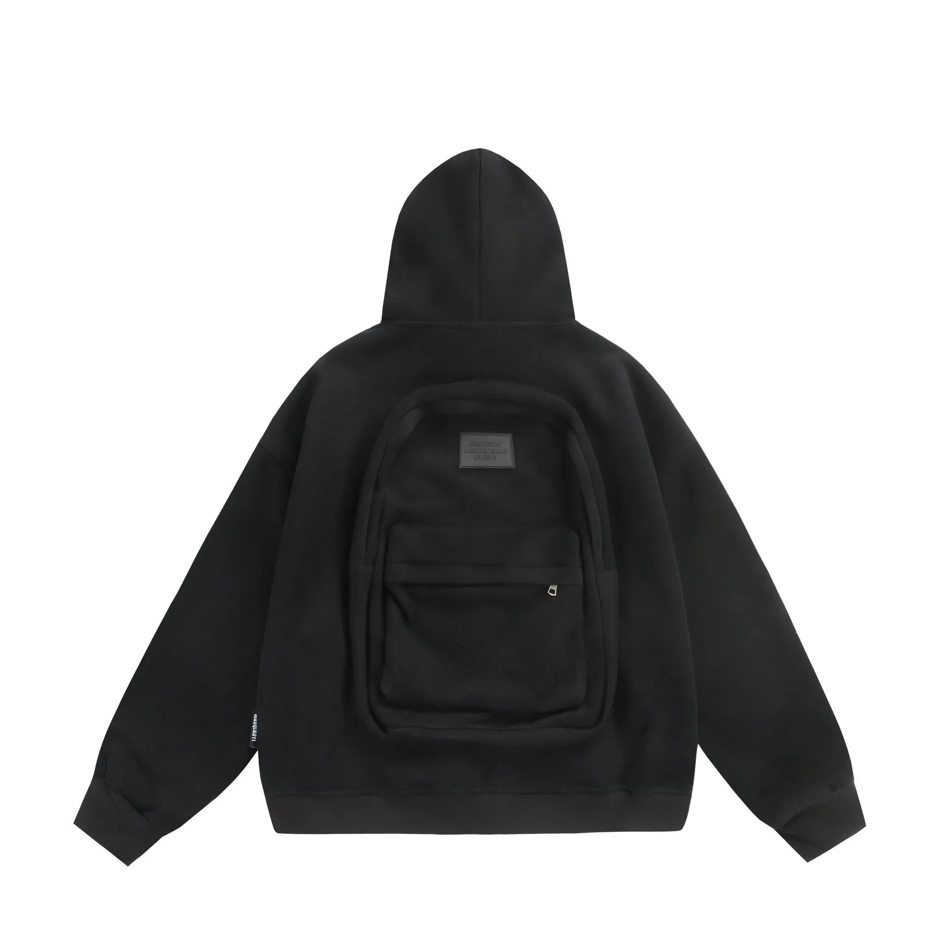 Cotton blend loose fit cardigan coat with a small bag on the back, shown in black.