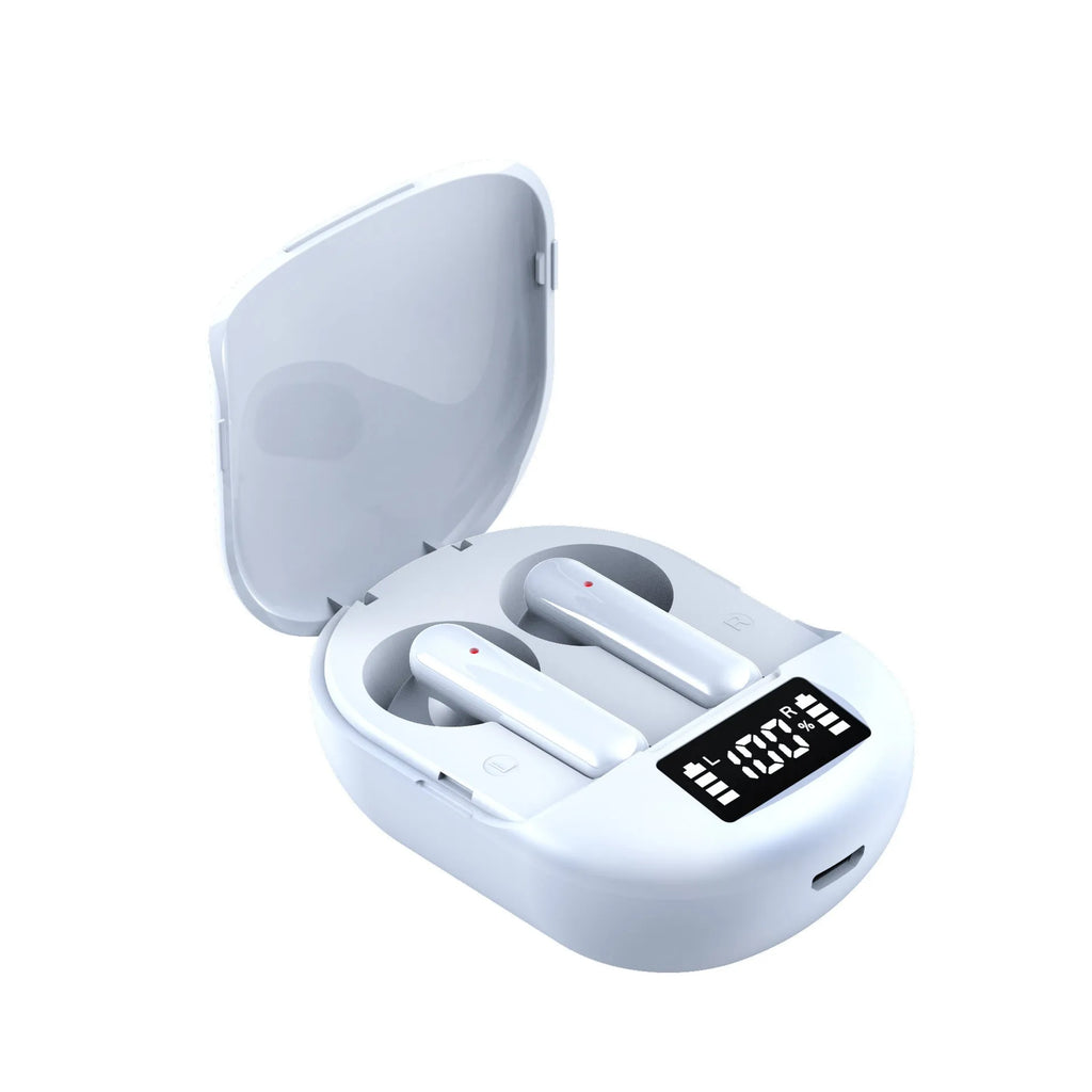 Black and white wireless Bluetooth earbuds with digital display charging case.