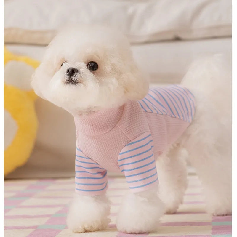 Cute striped knitted dog shirt with metal belt loop, pink and blue stripes style