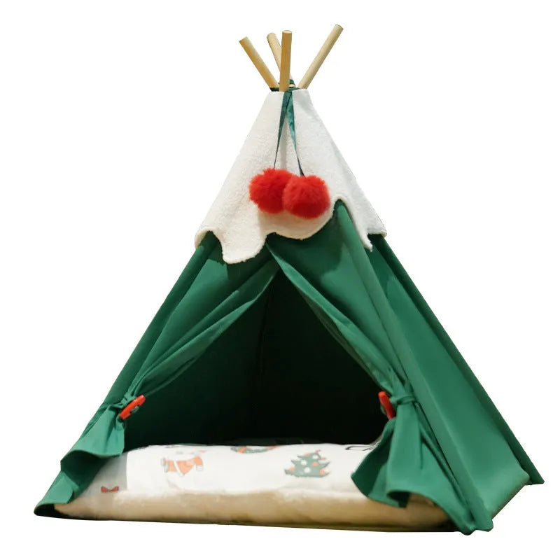 A semi-closed cloth cat house with a thickened bed, shown in brown and white mat colour options.
