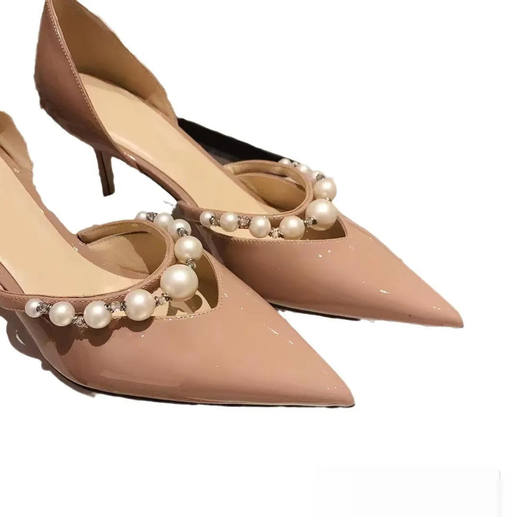 Women's black pointed patent leather high heel stiletto shoes with pearl decoration