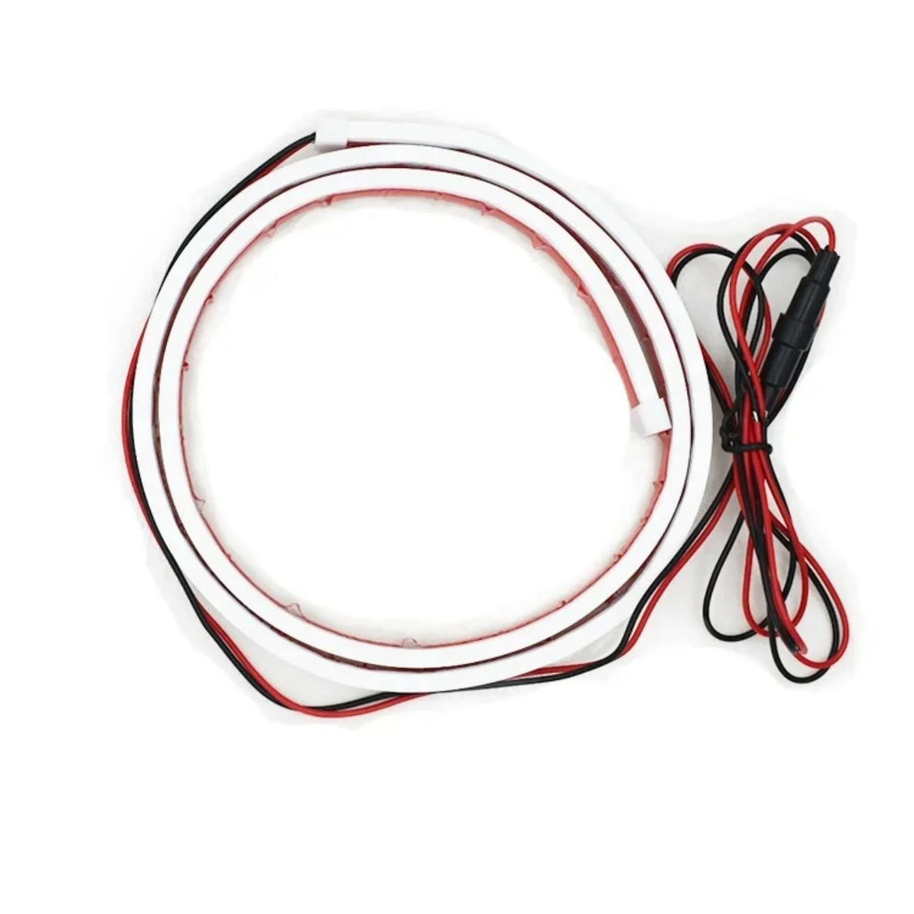 Flexible silicone car daytime running light strip with scanning effect, shown in white, ice blue and red colour options.