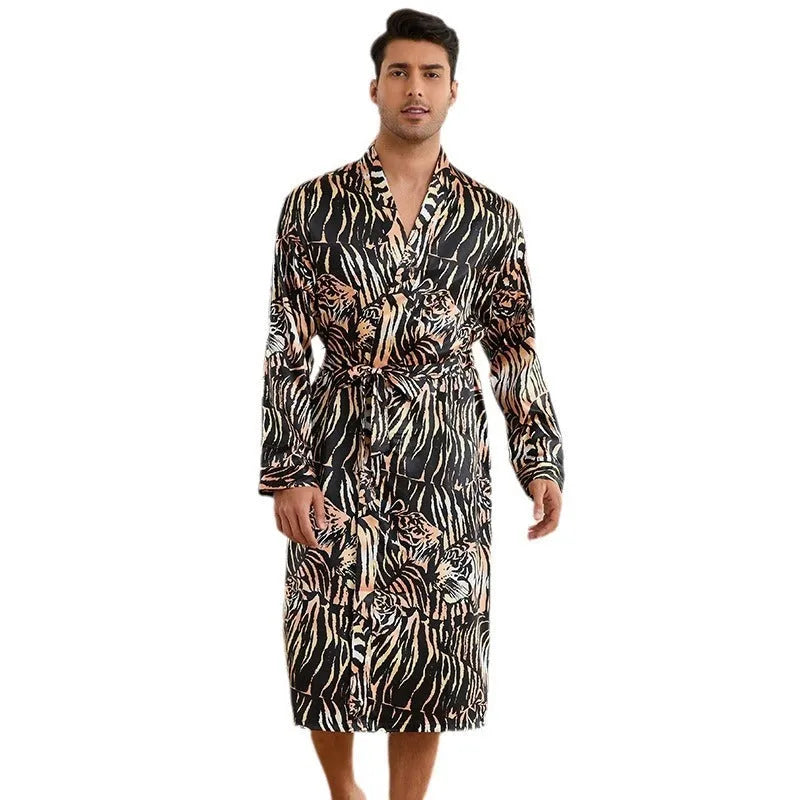 Men's tiger patterned bathrobe set with long sleeves and matching shorts on hanger
