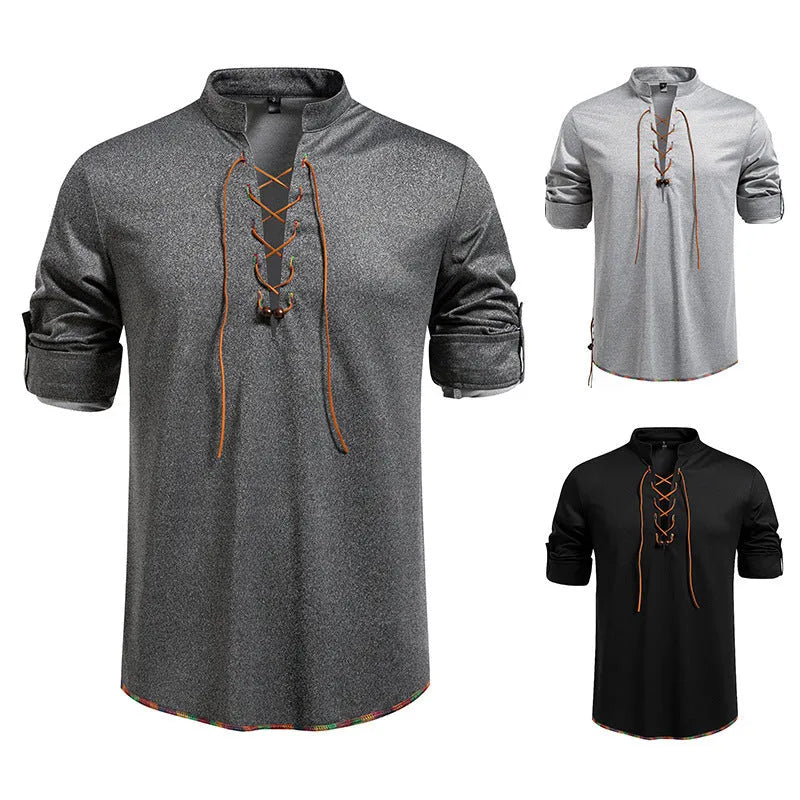 Men's drawstring stand-up collar long sleeve T-shirt in black, slim fit pullover style