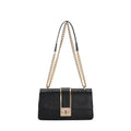Horizontal square PU shoulder bag in khaki with contrast stitching and chain strap on a white background