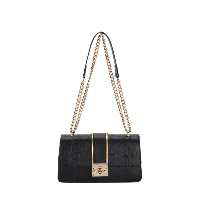 Horizontal square PU shoulder bag in khaki with contrast stitching and chain strap on a white background