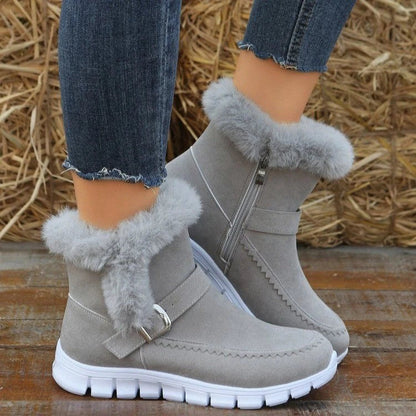 Plush snow boots with suede upper, rubber sole, and artificial fur lining for women's winter wear