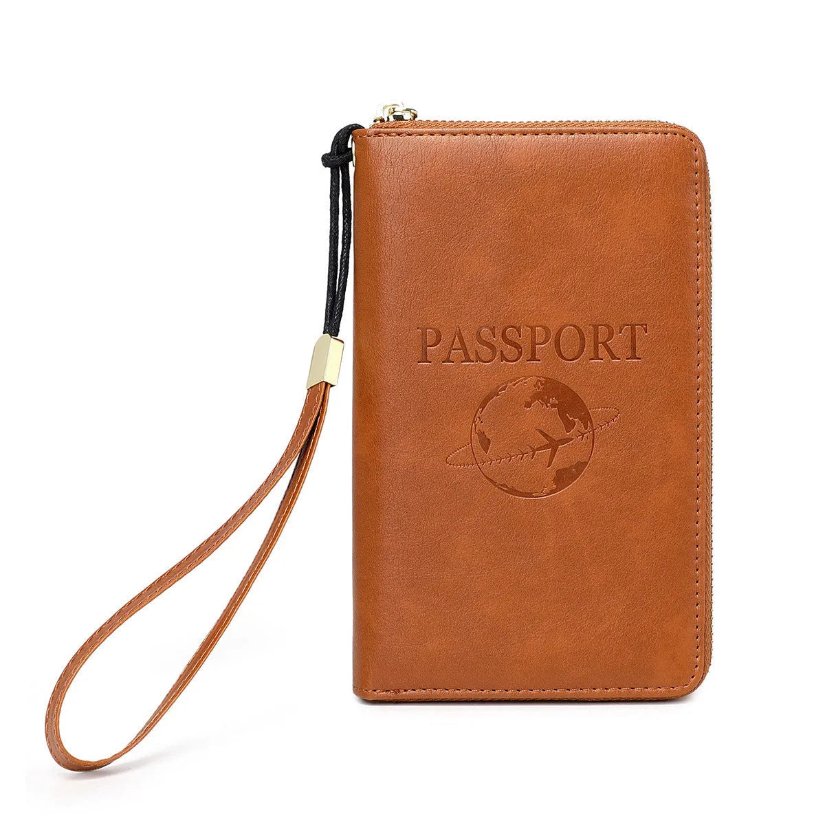 Brown PU leather travel document organiser with letter pattern, showing credit card slots.