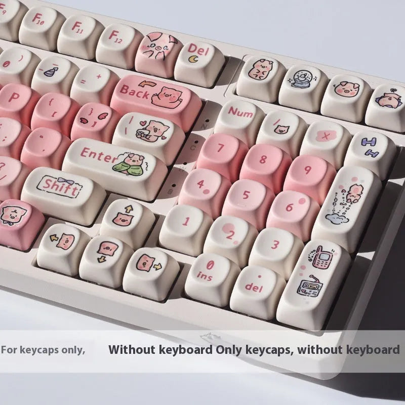 Close-up of a pink PBT key cap with a detailed Fragrant Pig design, showing five-sided sublimation printing.