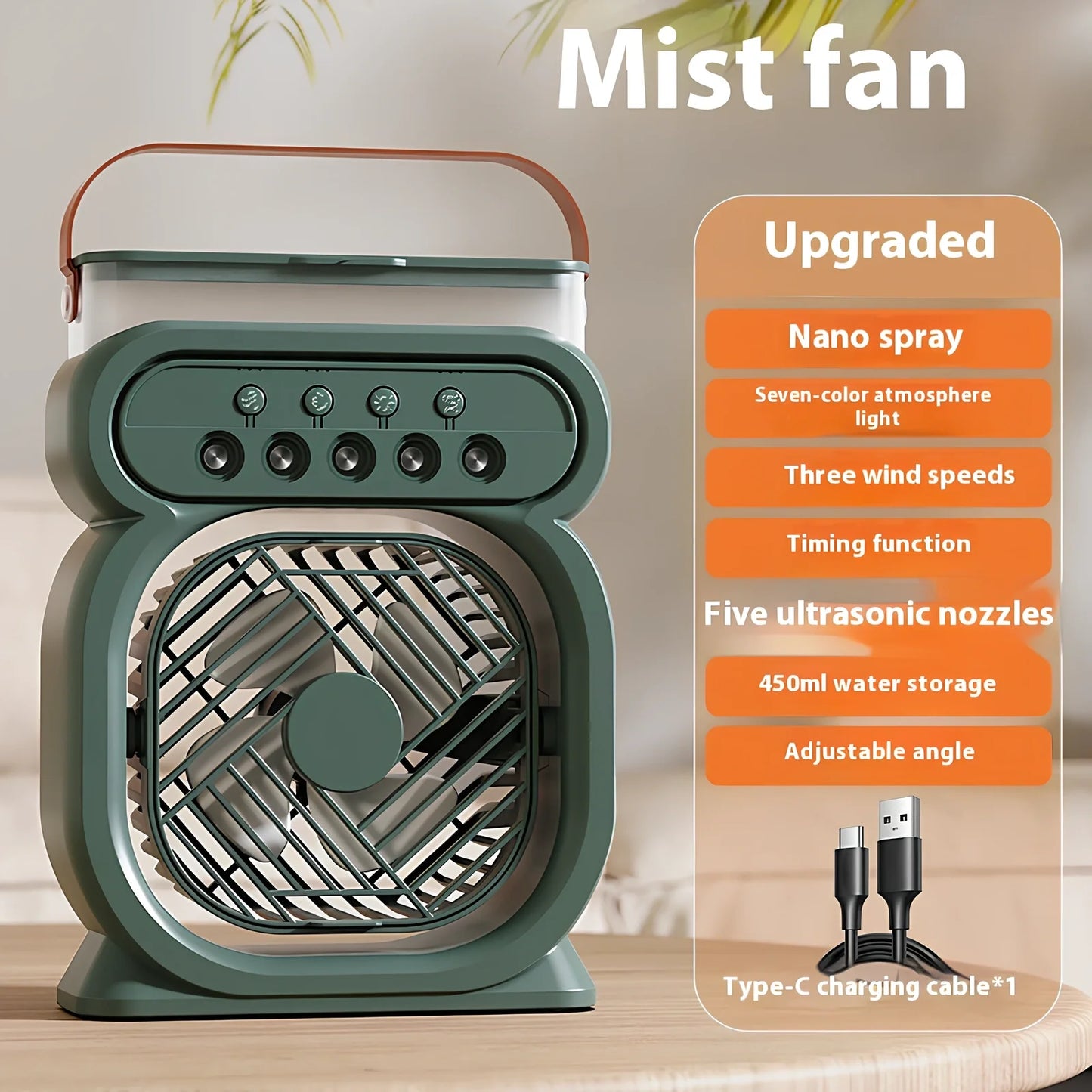 Black 3-in-1 portable USB air cooler with 7-colour LED lights, 170x75x240mm, showing water tank and speed controls