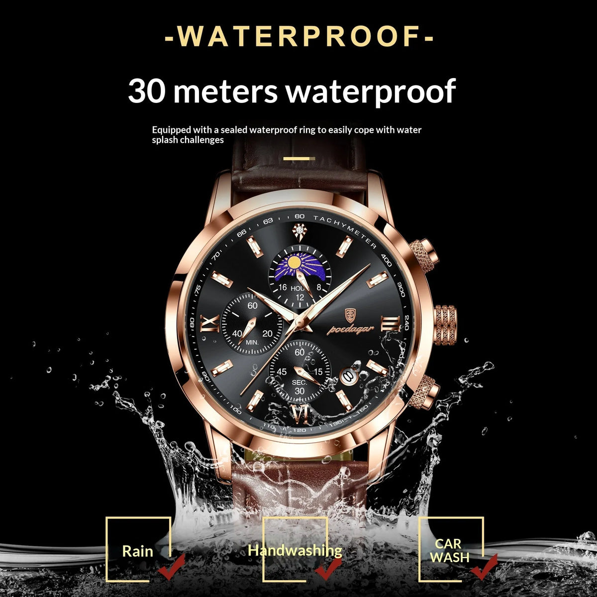 Men's watch with moon phase and chronograph, 42mm alloy case, mineral glass, rose gold case black dial