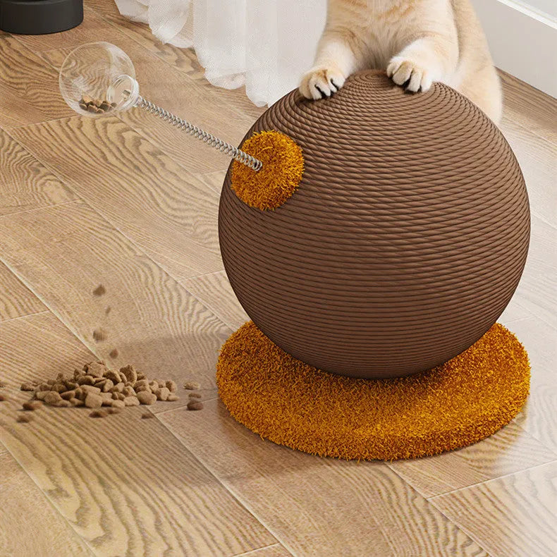 Hemp rope cat scratching board with integrated tumbling ball in large and small sizes.