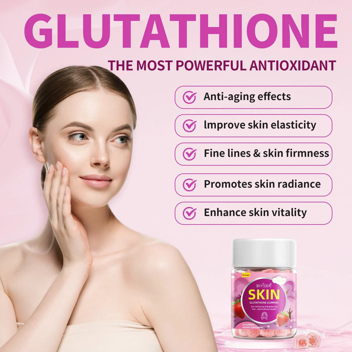 Bottle of glutathione collagen multivitamin gummy supplement with 60 gummies, certified GMP HALAL NSF