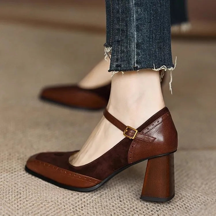 French style square toe chunky heel suede high heel shoes for women in black and brown