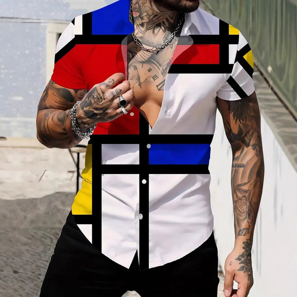 Men's slim fit geometric print short sleeve shirt with lapel collar in lightweight polyester fabric.