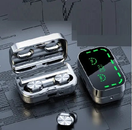Black wireless TWS Bluetooth sports headset with touch-sensitive earpieces.
