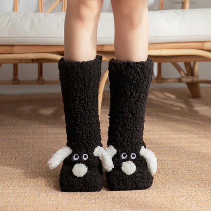 Adorable cartoon dog design plush socks for women, warm and non-slip, perfect for winter.