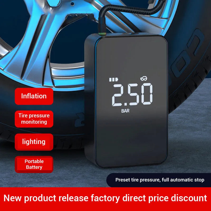 Wireless digital tyre inflator pump with large display showing pressure reading