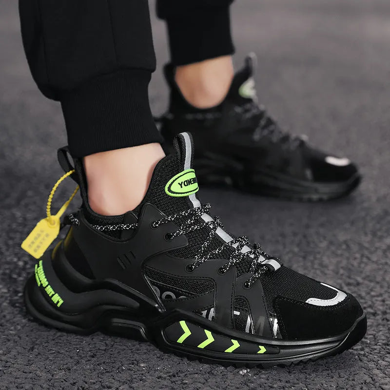 Men's fashion high top sneakers in white with PU mesh upper and thick sole for running and walking