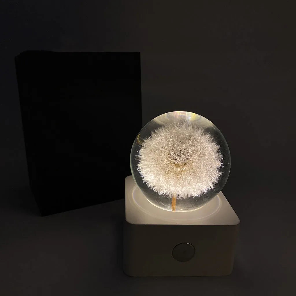 Small 8cm desktop night light with pressed dandelion and sunflower inside, USB cable included.
