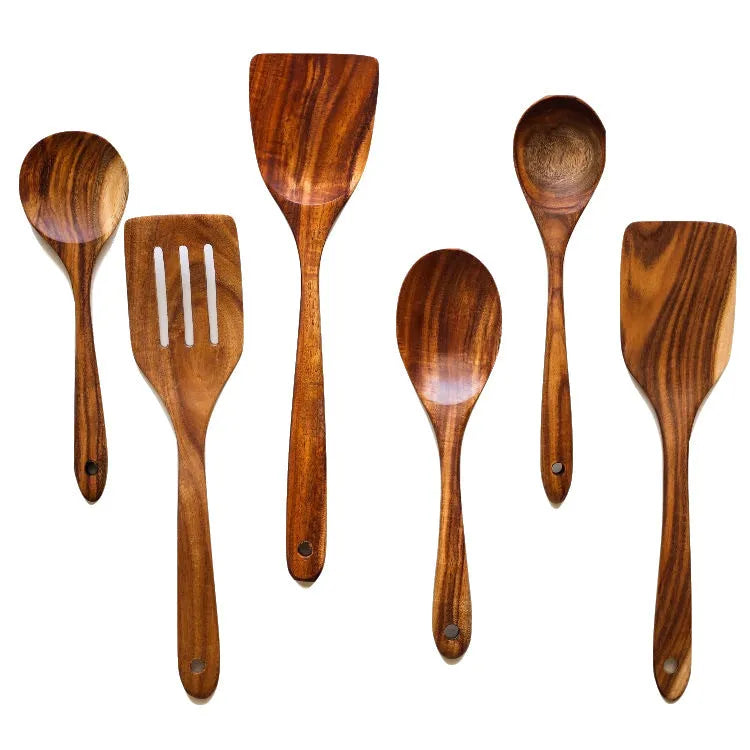 7-piece wooden cooking utensil set with spoon shovels for non-stick pans