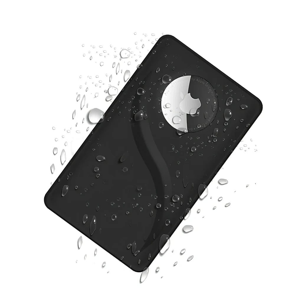 Black plastic AirTag protective sleeve in wallet card case design, 8.5cm x 5.4cm slim fit for secure tracking