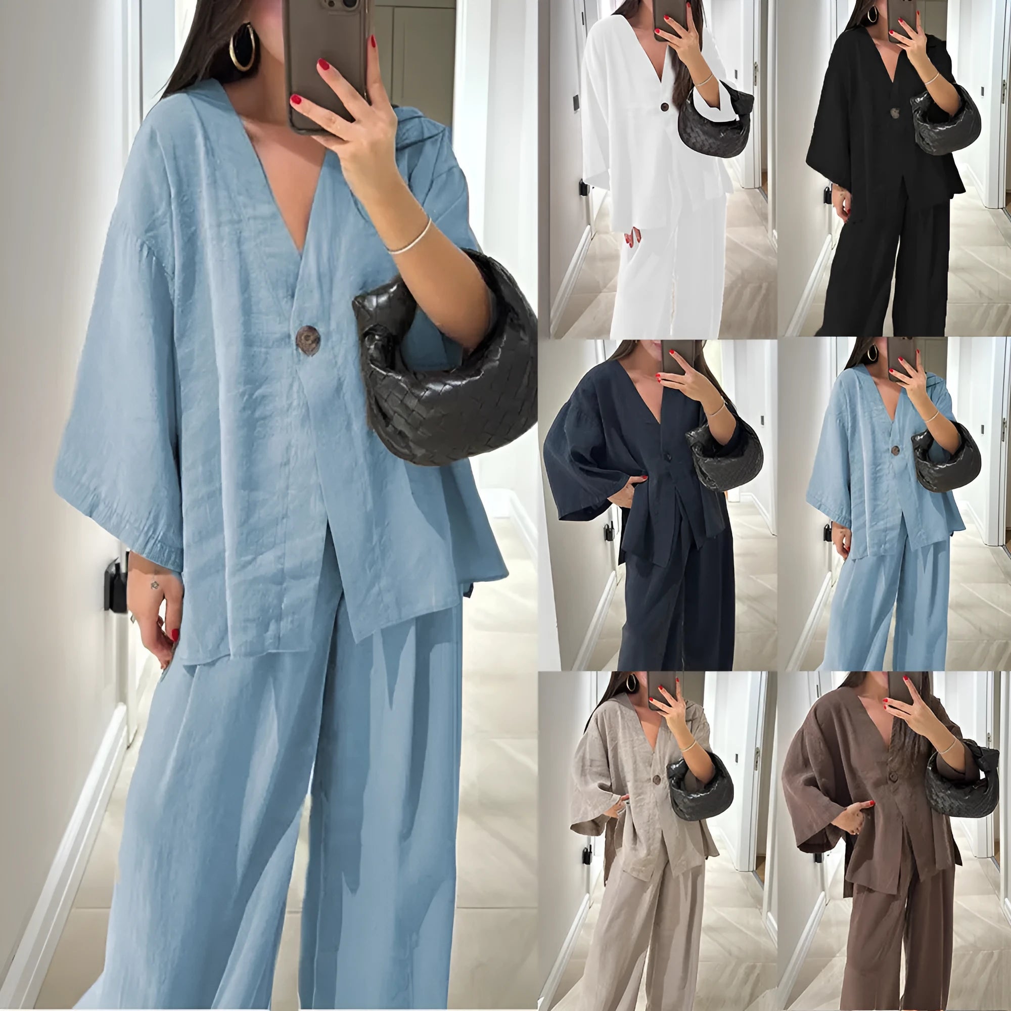 Women's solid colour polyester cardigan top and trousers set with zipper and button detail, long sleeves, commute style, available in six colours