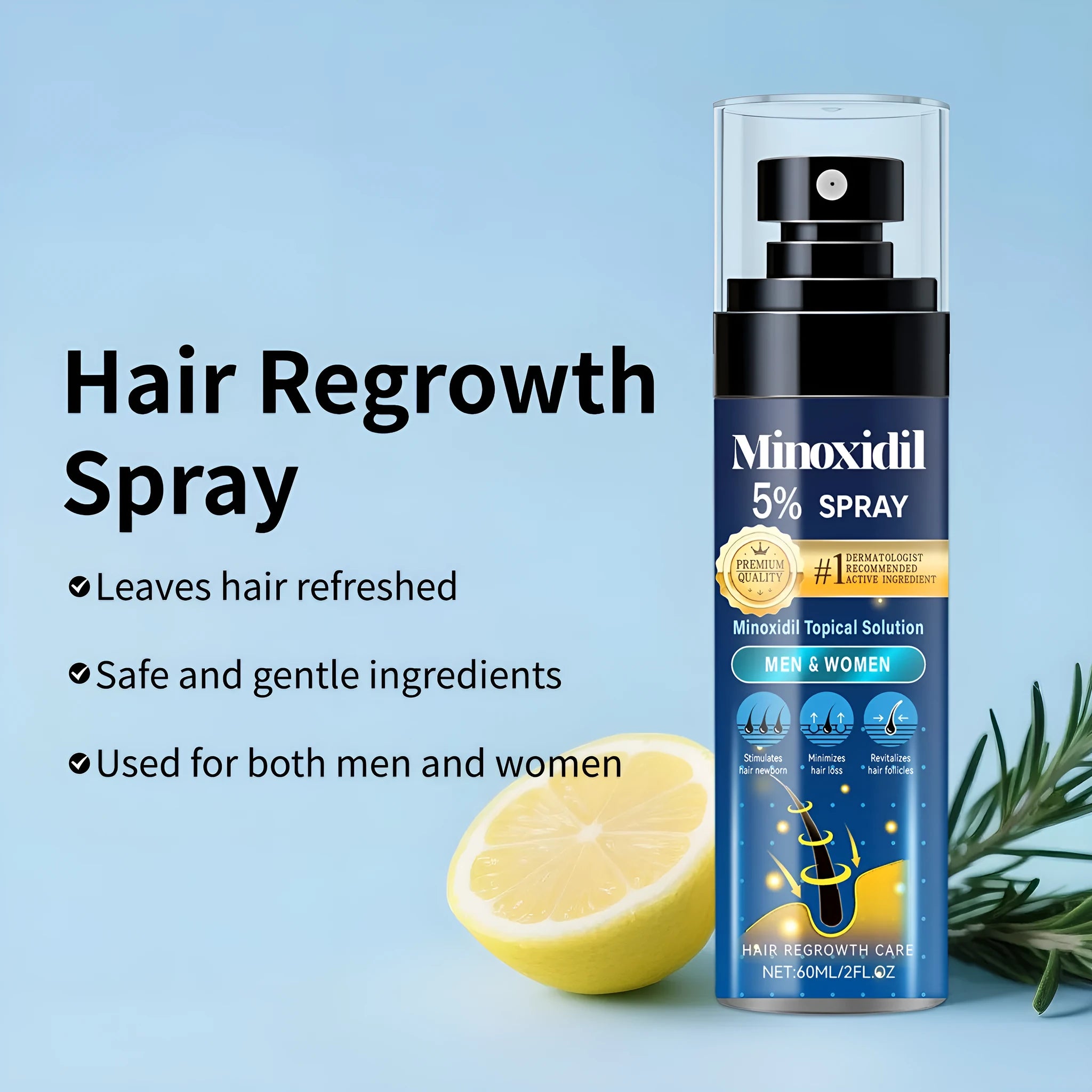 White bottle of hair thinning relief moisturising spray 60ml on clean background