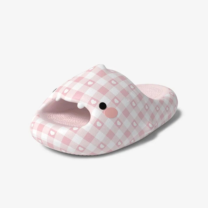 Pair of non-slip EVA five-toe flip flops with cartoon shark design in Blue Rainbow Beans colour