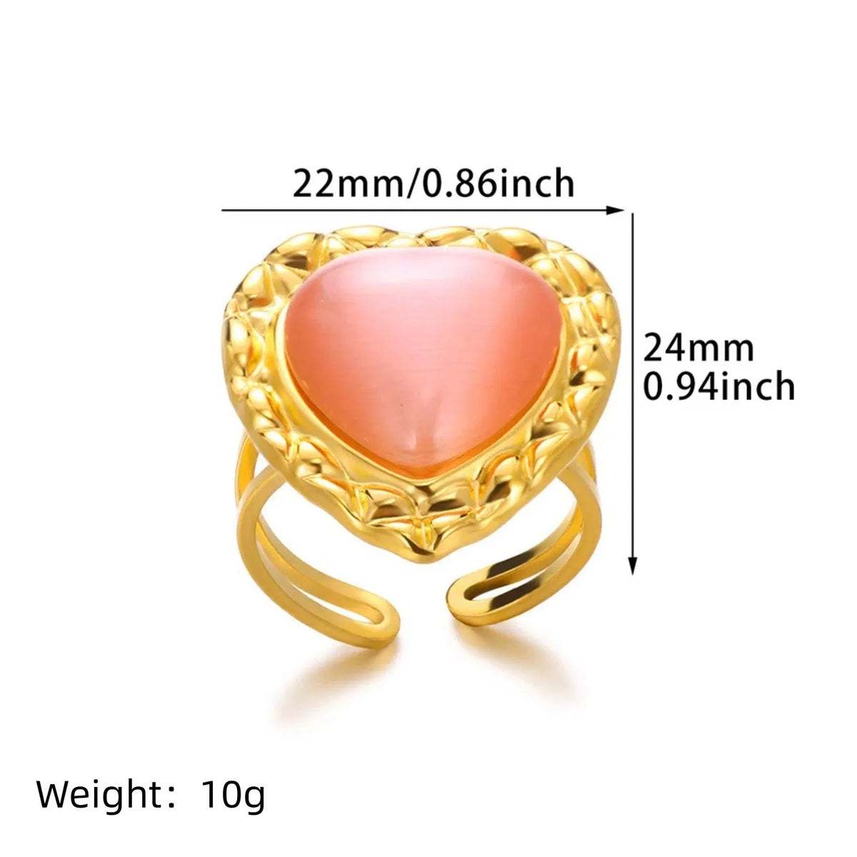 Retro stainless steel heart-shaped pendant ring with adjustable open band and electroplated finish, white background