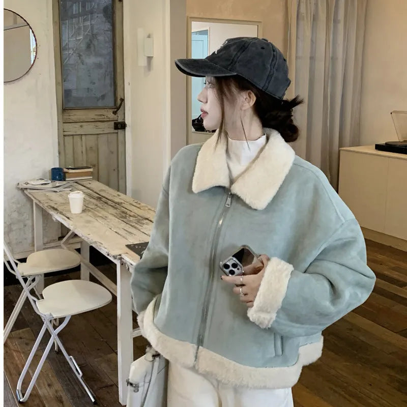 Korean-style loose fit thick chenille coat for women in light blue, distressed detailing, full length front view