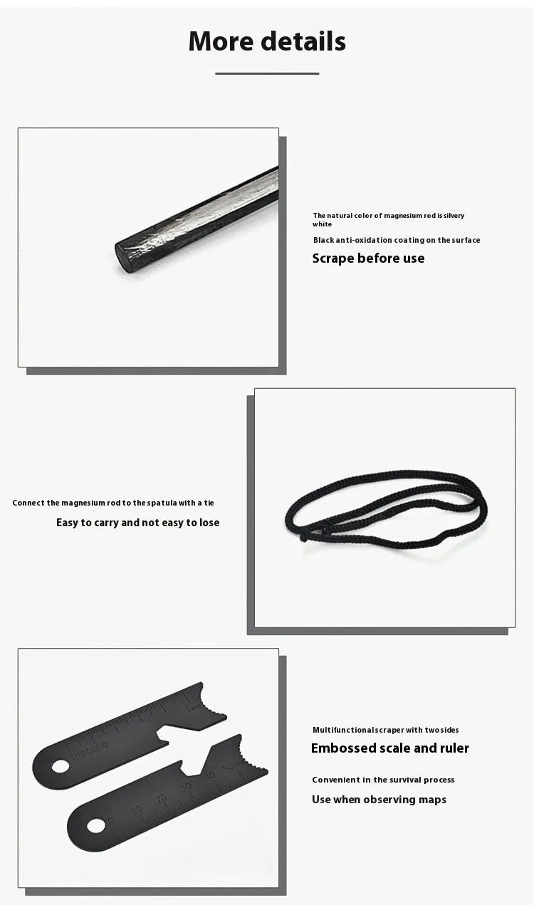 Black outdoor multifunctional flint tool with magnesium rod, steel scraper, whistle, and bottle opener.