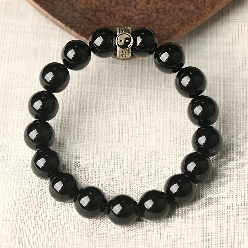 Black stone single ring bracelet for men and women, manual processing, 10mm or 12mm bead size, unisex style