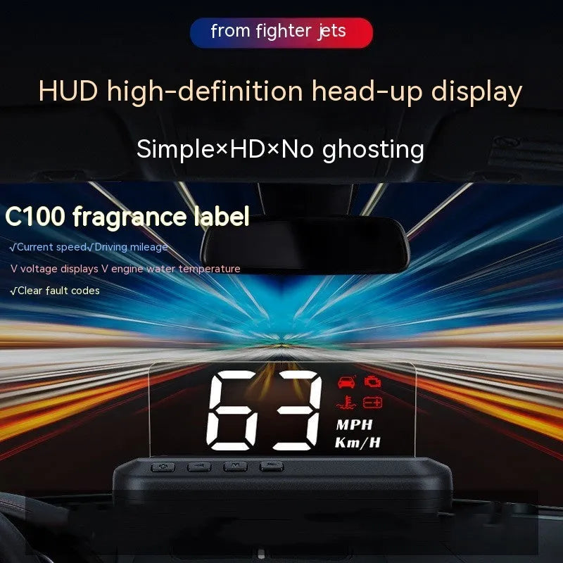 Black car head up display unit showing projected speed reading on 2 inch screen