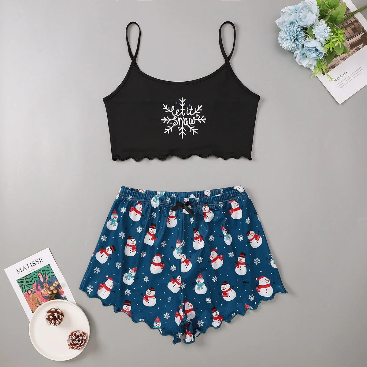 Women's Christmas-themed milk silk pajamas set with sleeveless top and shorts
