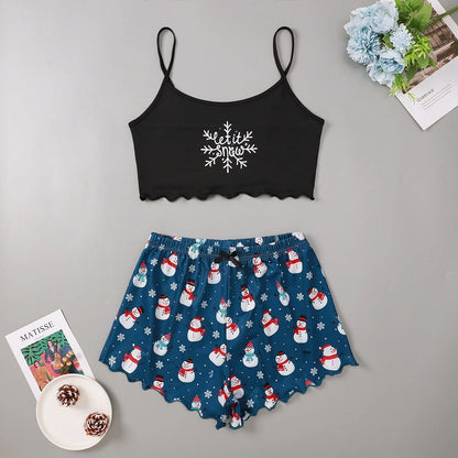 Women's Christmas-themed milk silk pajamas set with sleeveless top and shorts
