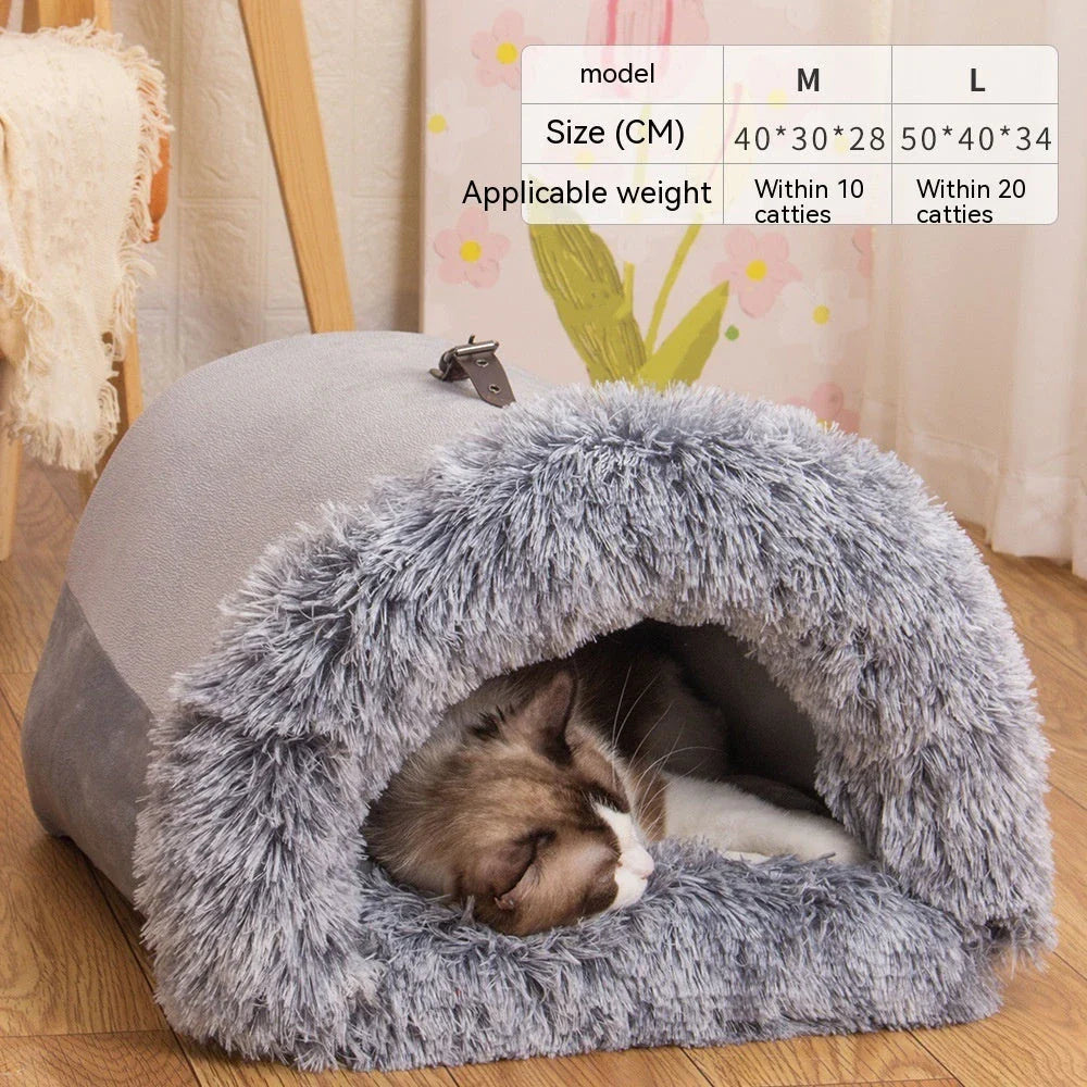 Cozy Canine Retreat: Portable plush pet bed with semi-enclosed design, perfect for dogs and cats during autumn and winter seasons