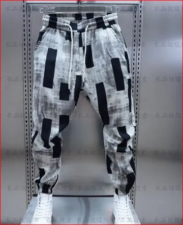 Men loose casual trousers, black and white, cotton blend Ice Silk, high waist drawstring, straight leg ankle strap, sizes M to 3XL