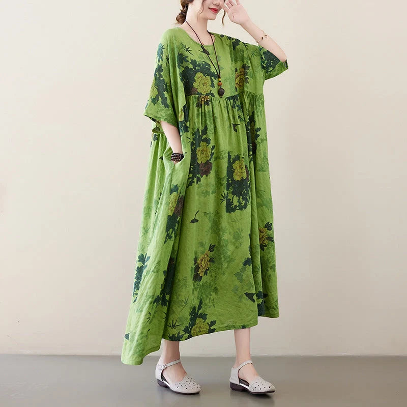 New Renaissance cotton blend round neck dress with large swing skirt in green